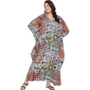 imageOussum Women Kaftan Plus Size Polyester Summer Caftan Cover Ups Maxi House DressBrown Geometric