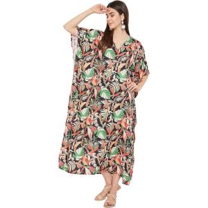 imageOussum Women Kaftan Plus Size Polyester Summer Caftan Cover Ups Maxi House DressMulticolor Leaf Print