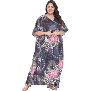 imageOussum Women Kaftan Plus Size Polyester Summer Caftan Cover Ups Maxi House DressNavy Blue Floral