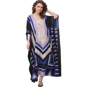 imageOussum Women Kaftan Plus Size Polyester Summer Caftan Cover Ups Maxi House DressNavy Blue Stripped Print Kaftan