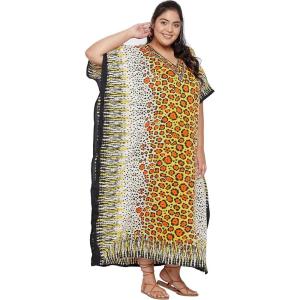 imageOussum Women Kaftan Plus Size Polyester Summer Caftan Cover Ups Maxi House DressYellow Leopard