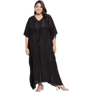 imagePlus Size Kimono Long Beach Cover Up Outwear Dress Casual Rayon Lurex Ladies VNeck Maxi Caftan Solid Kaftan for Womens Black with Gold