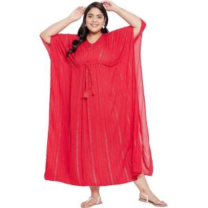imagePlus Size Kimono Long Beach Cover Up Outwear Dress Casual Rayon Lurex Ladies VNeck Maxi Caftan Solid Kaftan for Womens Red with Silver