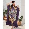 imageOussum Women Long Maxi Plus Size Polyester Kaftan Caftan Gown Beach Party Casual DressBlue Floral  Geometric