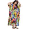imageOussum Women Long Maxi Plus Size Polyester Kaftan Caftan Gown Beach Party Casual DressMulticolor Tropical Leaf Print