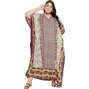 imageOussum Plus Size Kaftan for Women Polyester Summer Caftan Swimwear Cover Ups Maxi Beach DressBeige Floral Pattern
