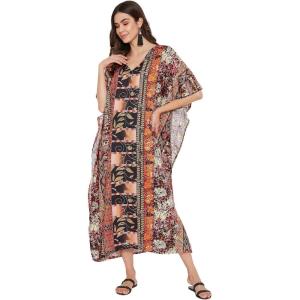 imageOussum Women Long Maxi Plus Size Polyester Kaftan Caftan Gown Beach Party Casual DressBlack Leaf Print Caftans