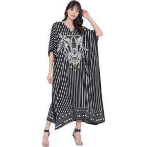 imageOussum Women Long Maxi Plus Size Polyester Kaftan Caftan Gown Beach Party Casual DressBlack Striped Maxi Kaftan