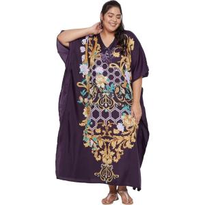 imageOussum Women Long Maxi Plus Size Polyester Kaftan Caftan Gown Beach Party Casual DressBlue Floral  Geometric