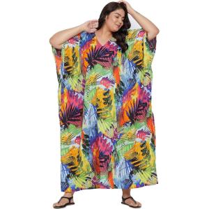 imageOussum Women Long Maxi Plus Size Polyester Kaftan Caftan Gown Beach Party Casual DressMulticolor Tropical Leaf Print