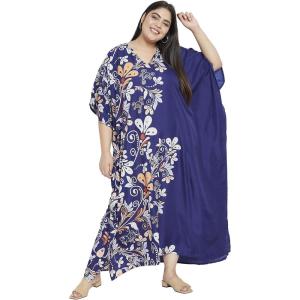 imageOussum Women Long Maxi Plus Size Polyester Kaftan Caftan Gown Beach Party Casual DressNavy Blue Floral