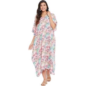 imageOussum Women Long Maxi Plus Size Polyester Kaftan Caftan Gown Beach Party Casual DressPink Leaf Print Kaftan