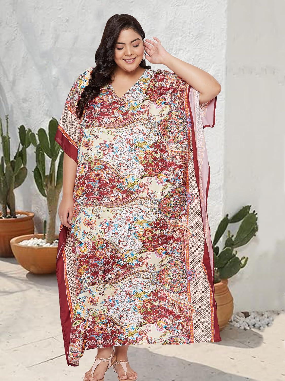 imageOussum Women Casual Kaftan Plus Size Long Dubai Caftan Beach Polyester Maxi House Dress for LadiesRedmulticolor Floral Kaftan