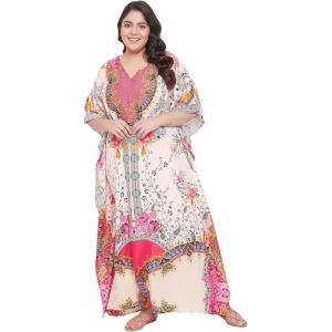 imageOussum Women Casual Kaftan Plus Size Long Dubai Caftan Beach Polyester Maxi House Dress for LadiesBeige