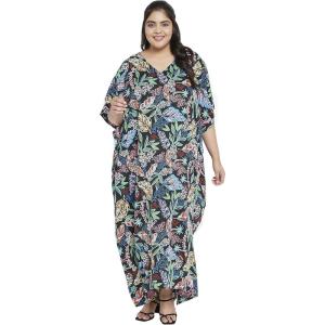 imageOussum Women Casual Kaftan Plus Size Long Dubai Caftan Beach Polyester Maxi House Dress for LadiesMulticolor Leaf Pattern Kaftan