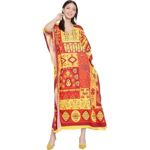 imageOussum Women Casual Kaftan Plus Size Long Dubai Caftan Beach Polyester Maxi House Dress for LadiesYellowred