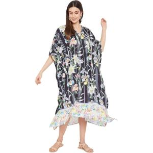imageOussum Women Plus Size Kaftans Kimono Polyester Dresses Loose Caftan Dress Ladies Evening Casual Long MaxiBlack Floral Long Kaftan