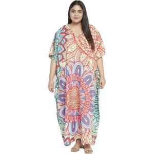 imageOussum Women Plus Size Kaftans Kimono Polyester Dresses Loose Caftan Dress Ladies Evening Casual Long MaxiMulticolor Leaf