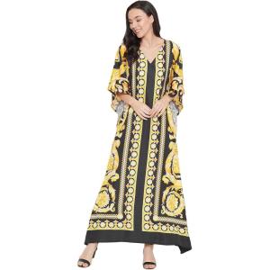 imageOussum Women Plus Size Kaftans Kimono Polyester Dresses Loose Caftan Dress Ladies Evening Casual Long MaxiYellow Maxi Kaftan