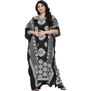 imageOussum Women Polyester Casual Kaftan Long Plus Size Summer Beach Caftan Cover Ups Maxi Dresse for LadiesBlack Pattern Flower