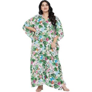 imageOussum Women Polyester Casual Kaftan Long Plus Size Summer Beach Caftan Cover Ups Maxi Dresse for LadiesGreen White Flower