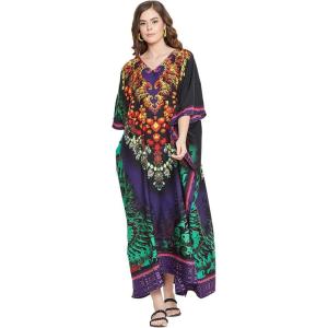 imageOussum Women Polyester Casual Kaftan Long Plus Size Summer Beach Caftan Cover Ups Maxi Dresse for LadiesMulticolor Floral Pattern Plus Size Kaftan
