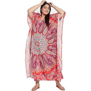 imageOussum Women Polyester Casual Kaftan Long Plus Size Summer Beach Caftan Cover Ups Maxi Dresse for LadiesOrange Paisley Print Kaftans