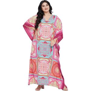 imageOussum Women Polyester Casual Kaftan Long Plus Size Summer Beach Caftan Cover Ups Maxi Dresse for LadiesPink Floral