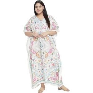 imageOussum Women Polyester Casual Kaftan Long Plus Size Summer Beach Caftan Cover Ups Maxi Dresse for LadiesWhite Floral Pattern
