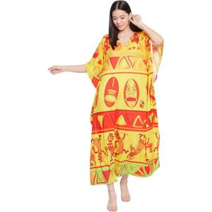 imageOussum Women Polyester Casual Kaftan Long Plus Size Summer Beach Caftan Cover Ups Maxi Dresse for LadiesYellow Tribal Printed Kaftan