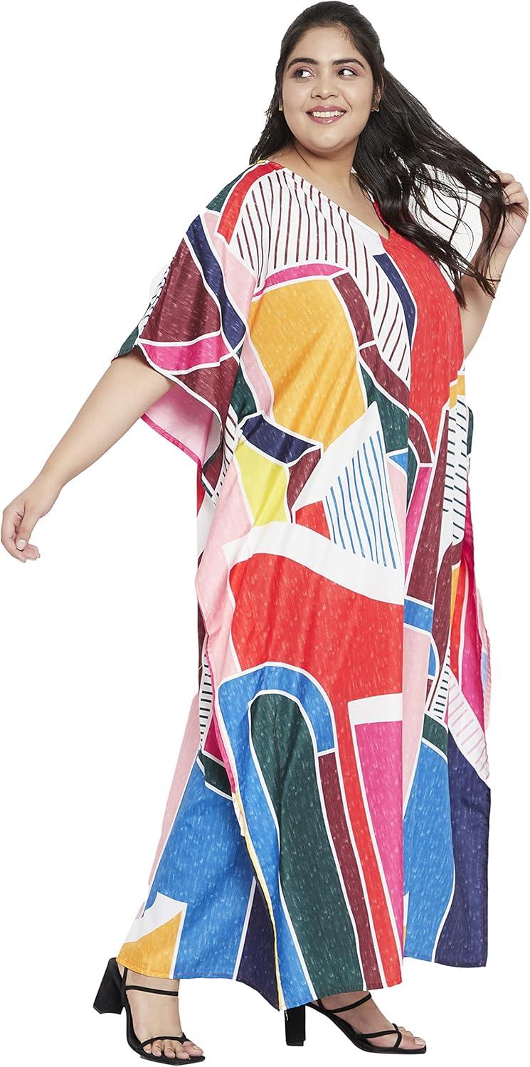 imageOussum Long Caftan for Women Plus Size Beach Cover Up Casual Kaftan Maxi Gown Dress Loungewear House Dresses for SummerMulticolor Abstract Pattern