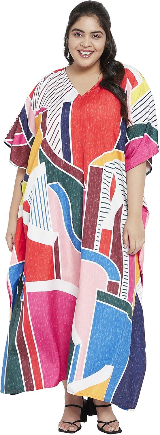 imageOussum Long Caftan for Women Plus Size Beach Cover Up Casual Kaftan Maxi Gown Dress Loungewear House Dresses for SummerMulticolor Abstract Pattern