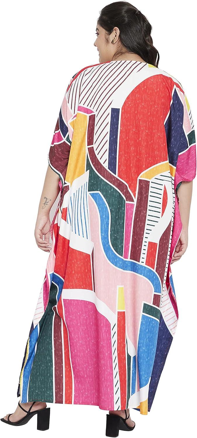 imageOussum Long Caftan for Women Plus Size Beach Cover Up Casual Kaftan Maxi Gown Dress Loungewear House Dresses for SummerMulticolor Abstract Pattern