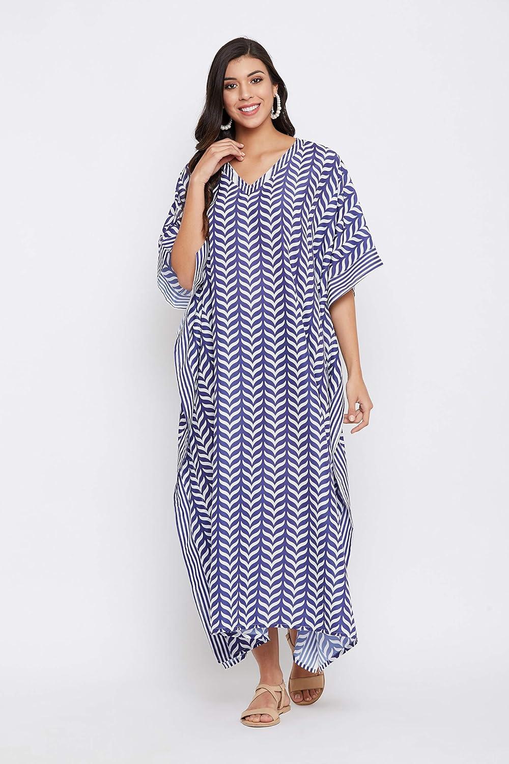 imageOussum Long Caftan for Women Plus Size Beach Cover Up Casual Kaftan Maxi Gown Dress Loungewear House Dresses for SummerMulticolor Blue Wave Print Caftan