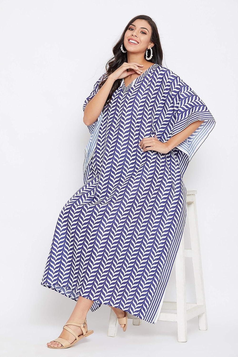 imageOussum Long Caftan for Women Plus Size Beach Cover Up Casual Kaftan Maxi Gown Dress Loungewear House Dresses for SummerMulticolor Blue Wave Print Caftan