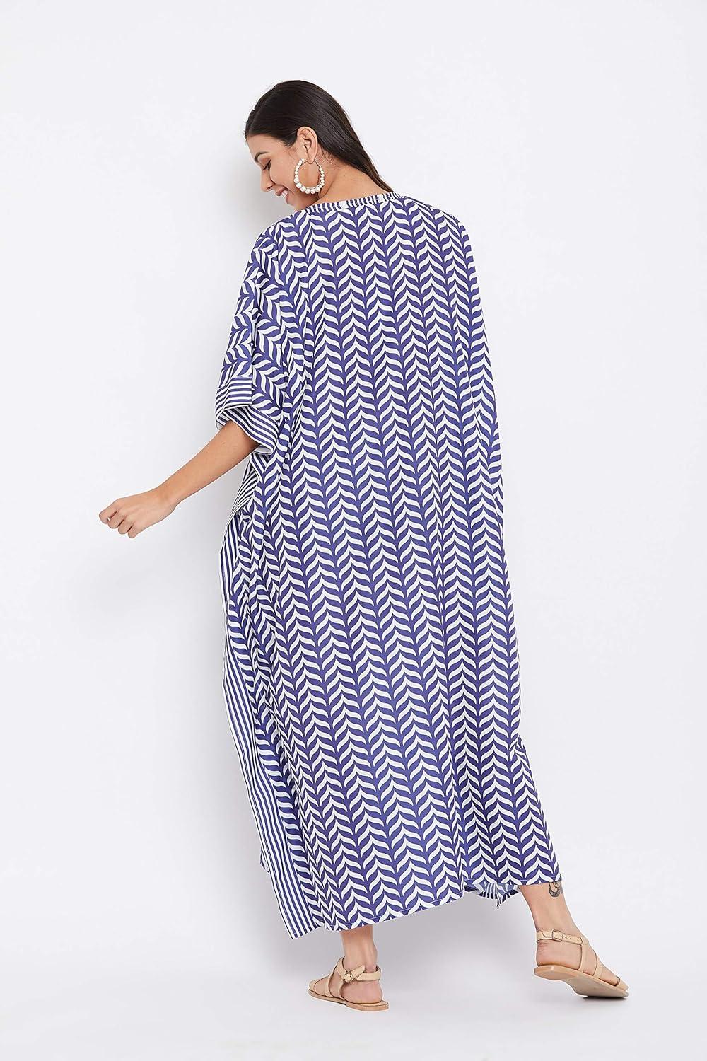 imageOussum Long Caftan for Women Plus Size Beach Cover Up Casual Kaftan Maxi Gown Dress Loungewear House Dresses for SummerMulticolor Blue Wave Print Caftan