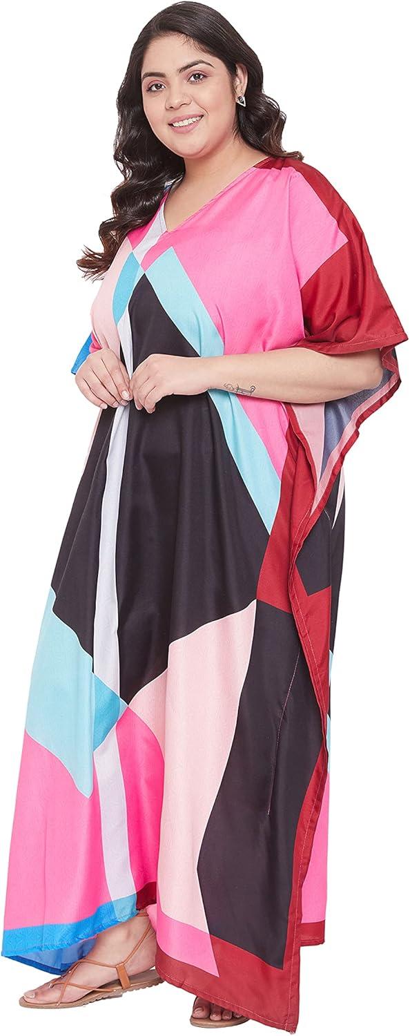 imageOussum Long Caftan for Women Plus Size Beach Cover Up Casual Kaftan Maxi Gown Dress Loungewear House Dresses for SummerMulticolor Geometric Kaftan