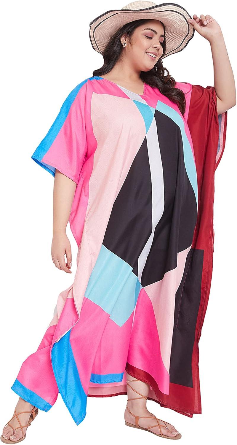 imageOussum Long Caftan for Women Plus Size Beach Cover Up Casual Kaftan Maxi Gown Dress Loungewear House Dresses for SummerMulticolor Geometric Kaftan