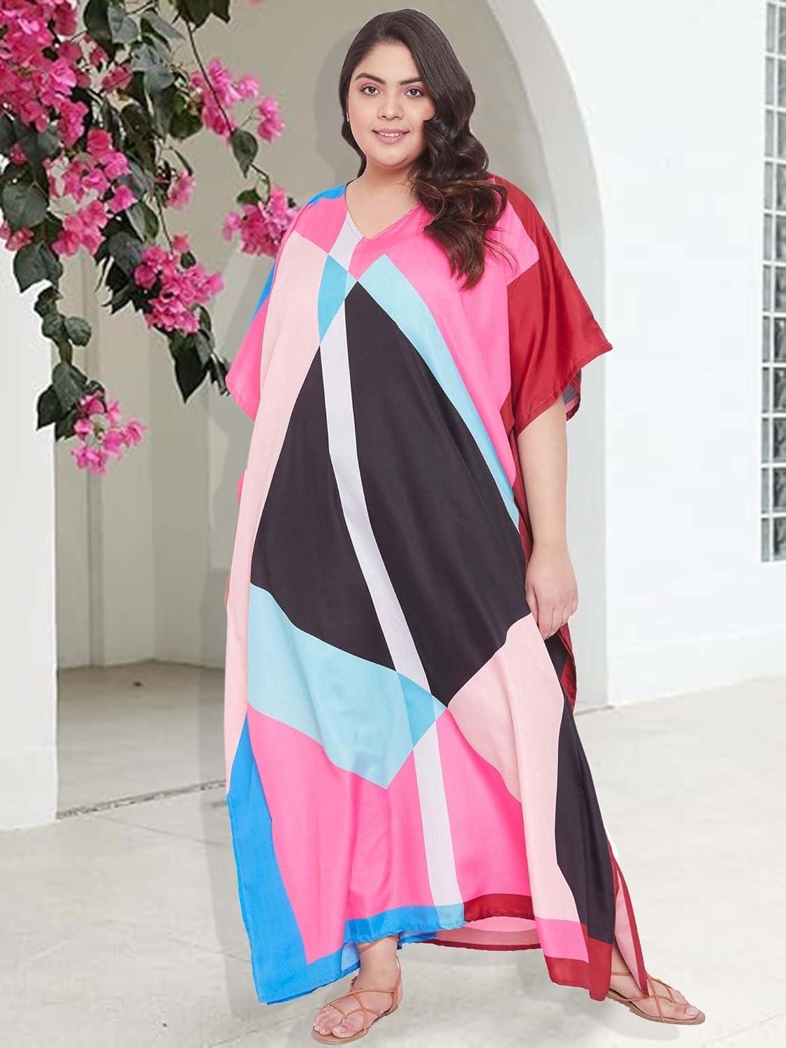 imageOussum Long Caftan for Women Plus Size Beach Cover Up Casual Kaftan Maxi Gown Dress Loungewear House Dresses for SummerMulticolor Geometric Kaftan