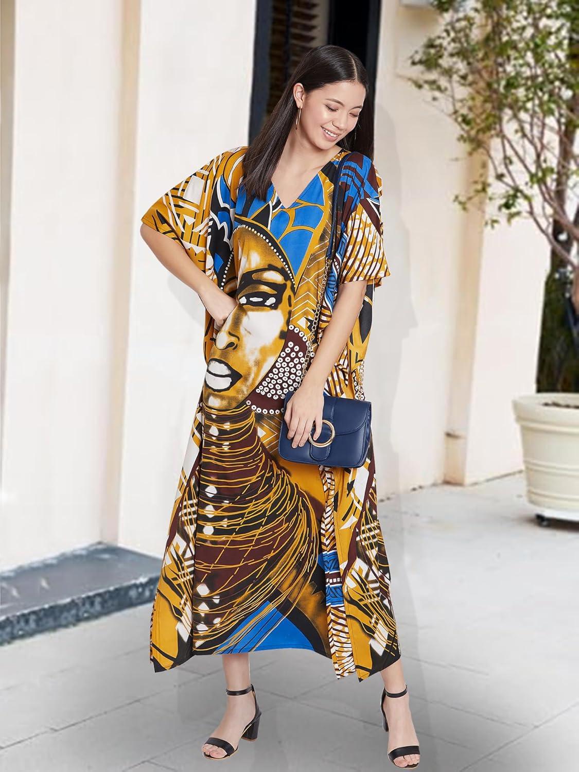 imageOussum Long Caftan for Women Plus Size Beach Cover Up Casual Kaftan Maxi Gown Dress Loungewear House Dresses for SummerMulticolor Gold and Blue Lady Print Caftan