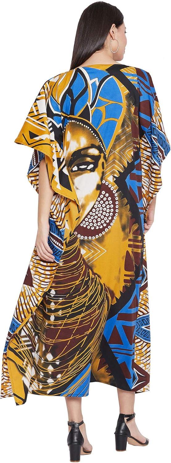 imageOussum Long Caftan for Women Plus Size Beach Cover Up Casual Kaftan Maxi Gown Dress Loungewear House Dresses for SummerMulticolor Gold and Blue Lady Print Caftan