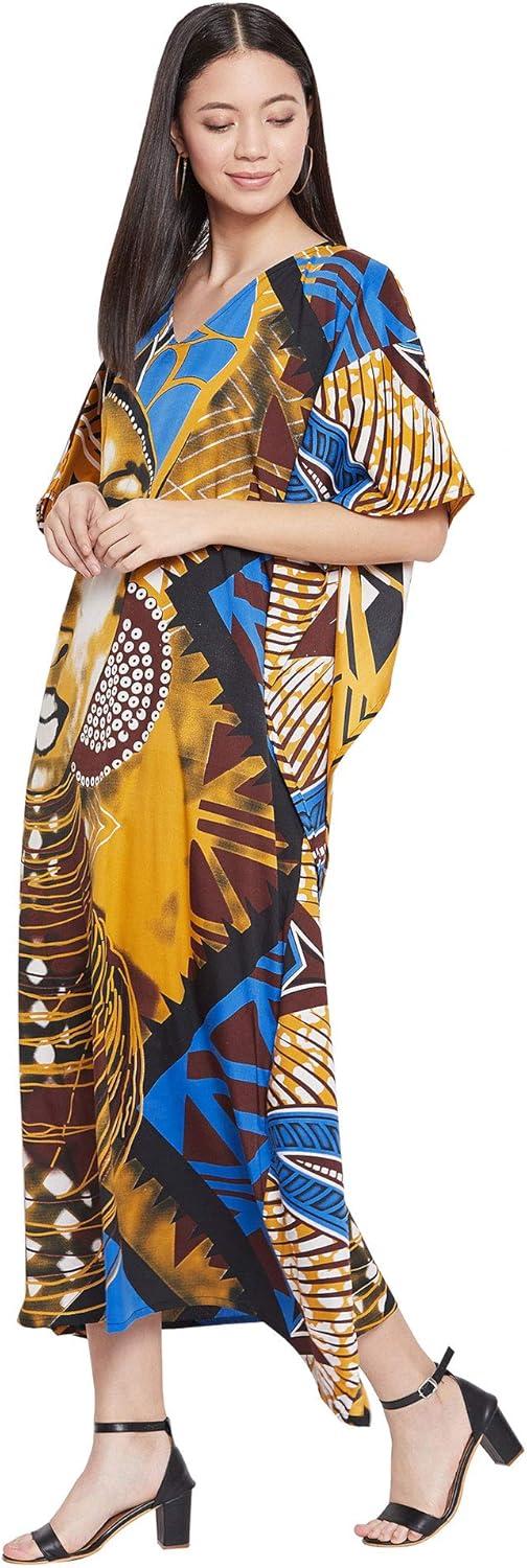 imageOussum Long Caftan for Women Plus Size Beach Cover Up Casual Kaftan Maxi Gown Dress Loungewear House Dresses for SummerMulticolor Gold and Blue Lady Print Caftan
