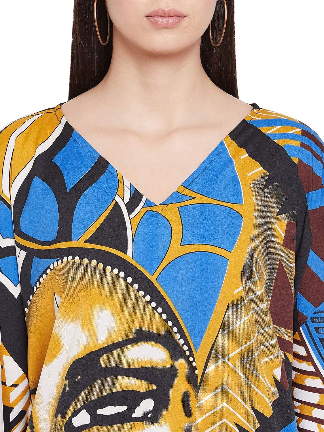 imageOussum Long Caftan for Women Plus Size Beach Cover Up Casual Kaftan Maxi Gown Dress Loungewear House Dresses for SummerMulticolor Gold and Blue Lady Print Caftan