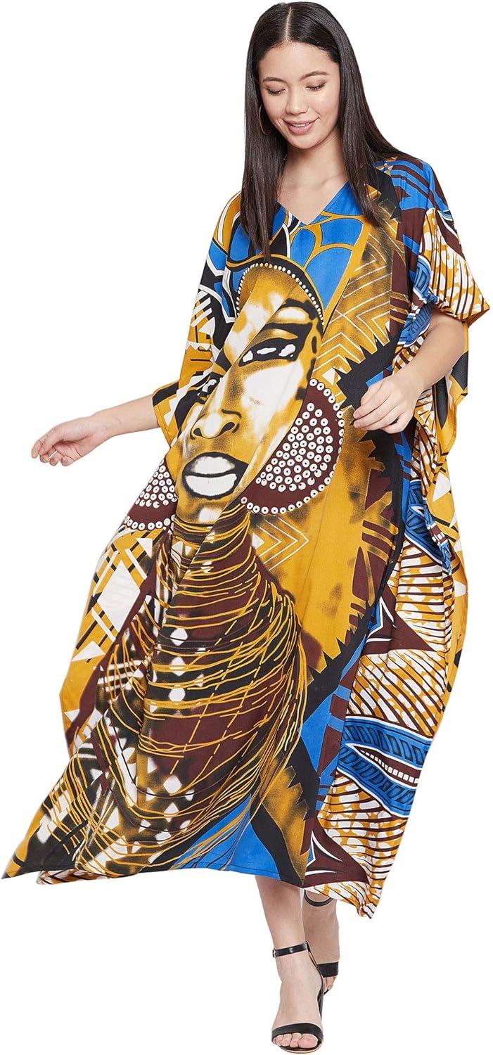 imageOussum Long Caftan for Women Plus Size Beach Cover Up Casual Kaftan Maxi Gown Dress Loungewear House Dresses for SummerMulticolor Gold and Blue Lady Print Caftan