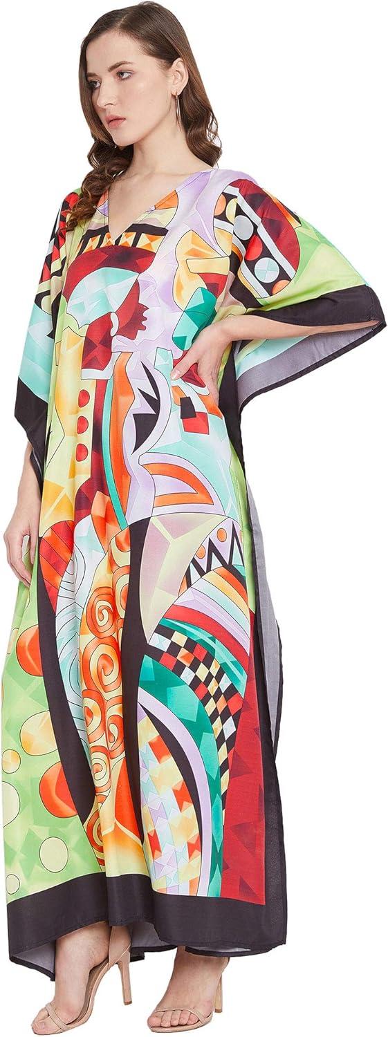imageOussum Long Caftan for Women Plus Size Beach Cover Up Casual Kaftan Maxi Gown Dress Loungewear House Dresses for SummerMulticolor Lady Trible Print Caftan