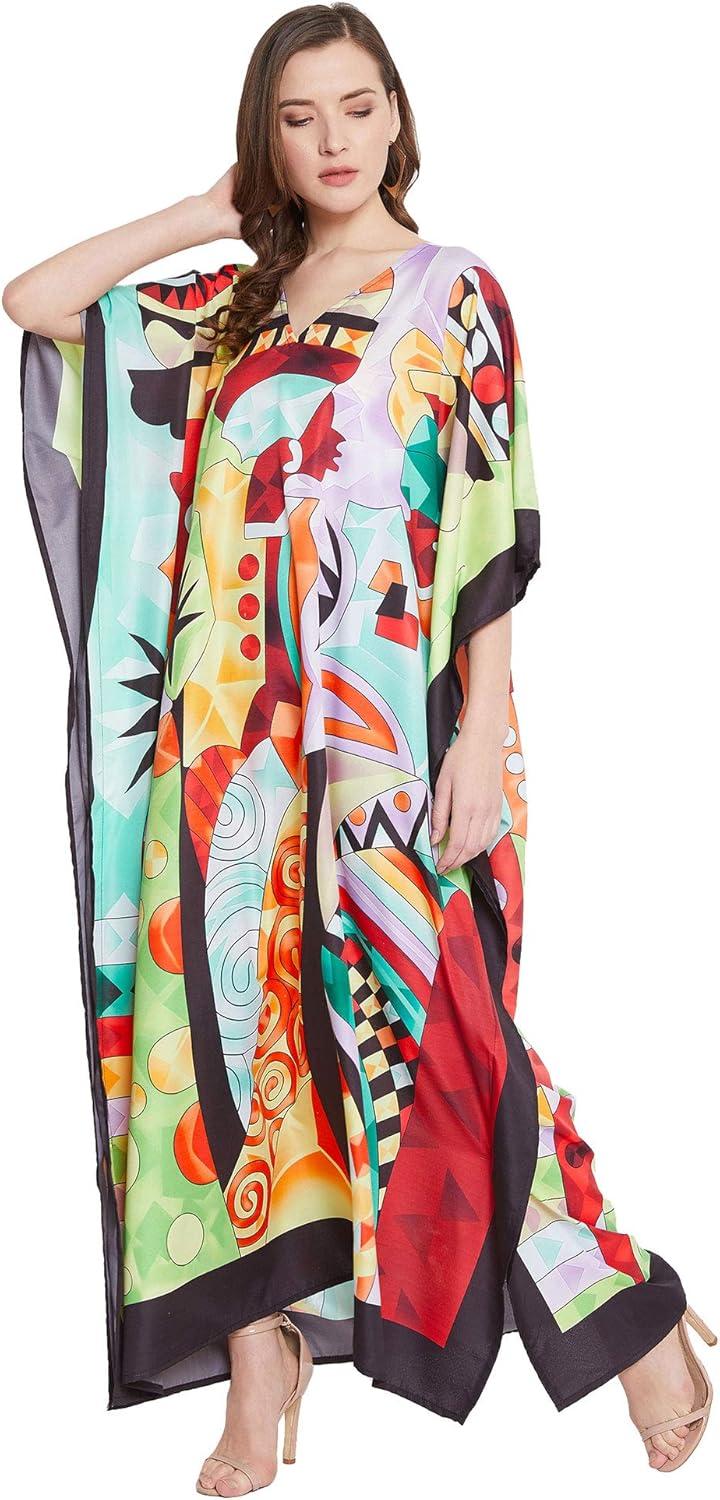 imageOussum Long Caftan for Women Plus Size Beach Cover Up Casual Kaftan Maxi Gown Dress Loungewear House Dresses for SummerMulticolor Lady Trible Print Caftan
