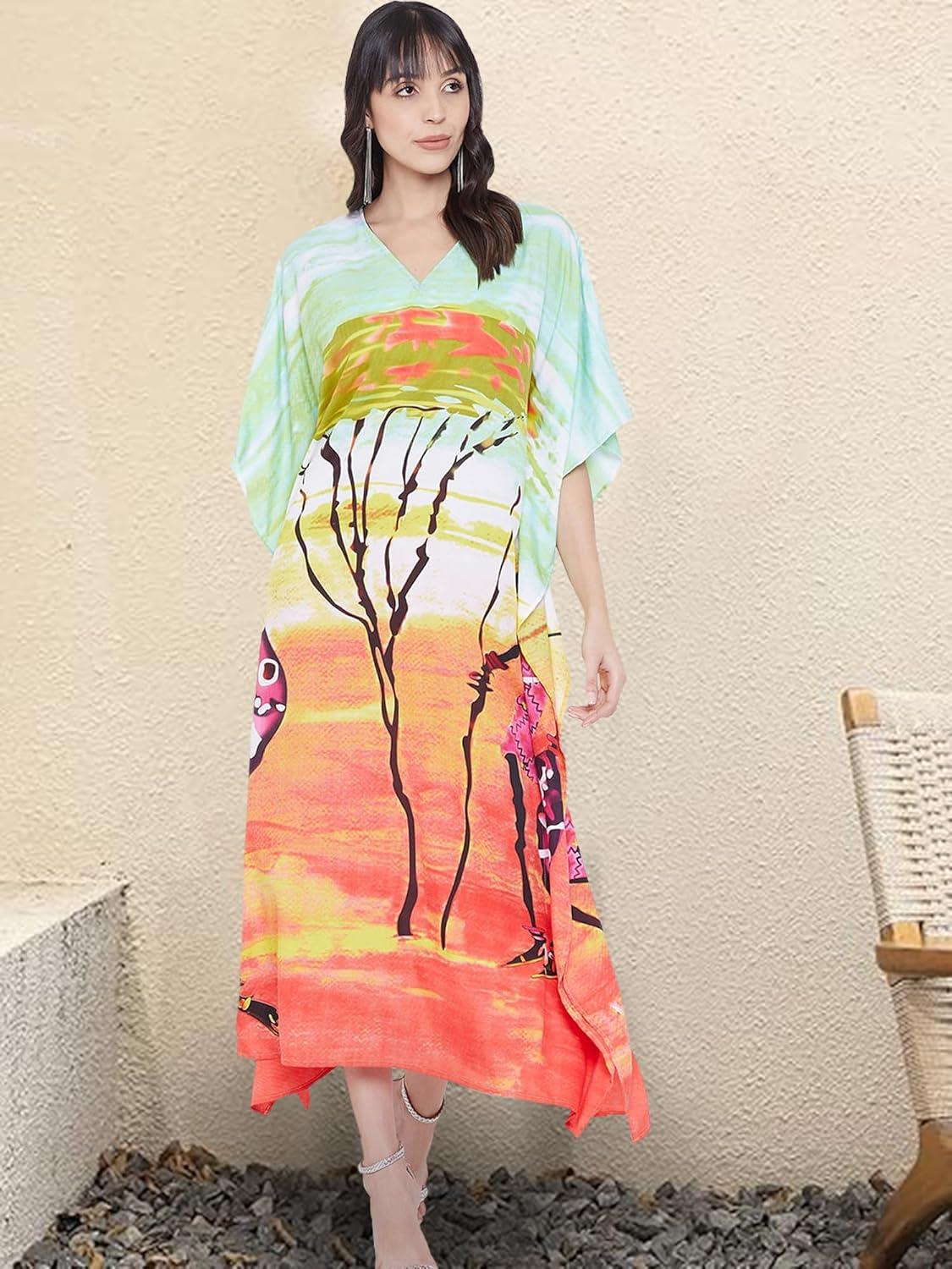 imageOussum Long Caftan for Women Plus Size Beach Cover Up Casual Kaftan Maxi Gown Dress Loungewear House Dresses for SummerMulticolor One Size Kaftan