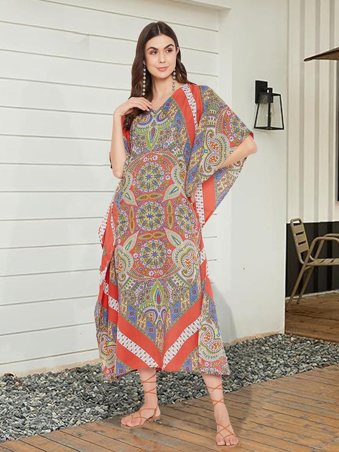 imageOussum Long Caftan for Women Plus Size Beach Cover Up Casual Kaftan Maxi Gown Dress Loungewear House Dresses for SummerMulticolor One Size Maxi Caftan