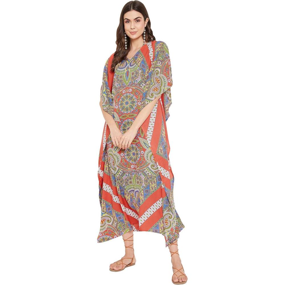imageOussum Long Caftan for Women Plus Size Beach Cover Up Casual Kaftan Maxi Gown Dress Loungewear House Dresses for SummerMulticolor One Size Maxi Caftan