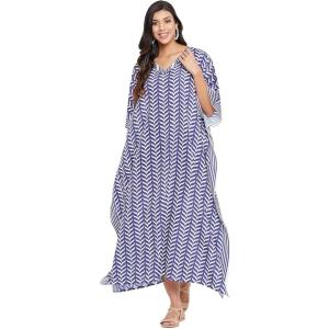 imageOussum Long Caftan for Women Plus Size Beach Cover Up Casual Kaftan Maxi Gown Dress Loungewear House Dresses for SummerMulticolor Blue Wave Print Caftan